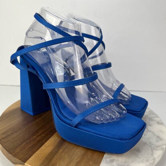EUC Zara EU 39/US 8.5 Blue Strappy Retro Chunky Platform Heel Square Toe Sandals - Picture 2 of 14